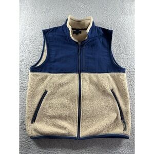 J. Crew Sherpa Vest Mens Medium Full Zip‎ Navy Blue Barley Tan Preppy